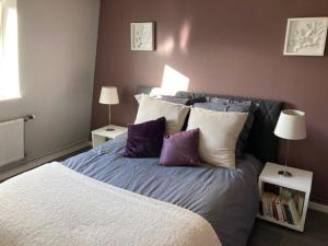 - une chambre avec un lit doté d'oreillers violets et blancs dans l'établissement Agréable et Spacieuse maison centre ville Saint-Omer, à Saint-Omer