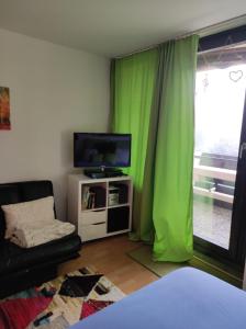 een woonkamer met een televisie en groene gordijnen bij Ferienapartment Maria in Sankt Englmar in Sankt Englmar