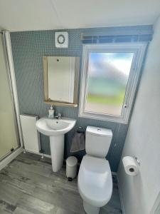 a bathroom with a toilet and a sink and a window at "The Snug" in Knaresborough