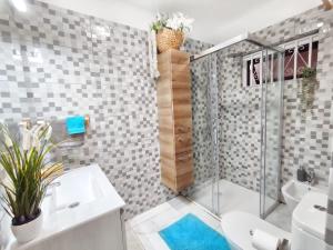 uma casa de banho com um chuveiro, um lavatório e um WC. em Sea view Nice apartament in Ocean View em Adeje