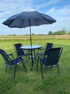 a table with chairs and an umbrella in a field at Beautiful 1 Bed Shepherd Hut in Warwickshire in Warwick