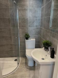 uma casa de banho com um WC, um lavatório e um chuveiro em Beautiful Studio flat em Purley