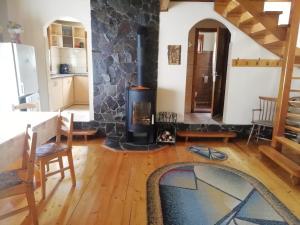 a living room with a stone fireplace in a house at Demény vendégház in Sub Cetate