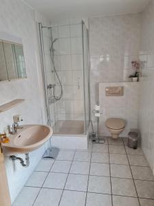 La salle de bains est pourvue d'une douche, d'un lavabo et de toilettes. dans l'établissement Pension Jung, Bäckerei-Konditorei & Café, à Ruhla