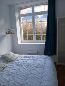 sypialnia z łóżkiem i dużym oknem w obiekcie Le Fayolle - Lumineux 2 pièces en centre-ville w mieście Dieppe