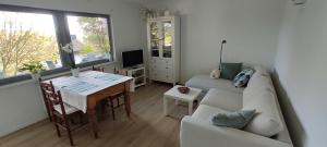 a living room with a couch and a table at gemütliche Wohnung mit Kamin - Sunny Hill Holiday Home in Echternacherbrück