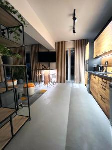 an open kitchen and living room with a television at Premium Apartment Eleven in Zator