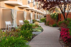 a walkway in front of a building with chairs and flowers at The Lodge at Tiburon in Tiburon