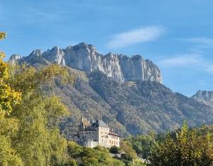 a house on a hill with a mountain in the background at MaisonMenthon in Menthon-Saint-Bernard