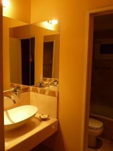 une salle de bains avec lavabo, toilettes et miroir dans l'établissement Apartments Seeblick Bariloche, à San Carlos de Bariloche