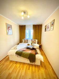 een slaapkamer met een groot bed in een kamer bij Hygge place to stay - self check in nonstop 24h-wifi in Reşiţa