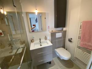 a bathroom with a sink and a shower and a toilet at Les Lones avec jardin in Six-Fours-les-Plages