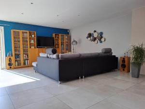 ein Wohnzimmer mit einem Sofa und einem TV in der Unterkunft Belle villa avec piscine vue montagne à 10 mn de la mer à Argeles in Argelès-sur-Mer