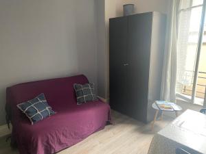 Studio cosy proche parcs, opéra, centre ville في فيشي: غرفة نوم بسرير ارجواني مع وسادتين