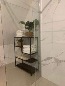 estante de cristal con toallas y ducha con planta en Copenhagen Residence, en Harderwijk