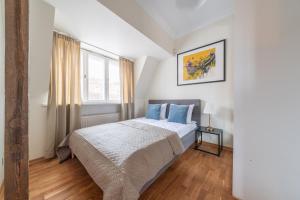 a bedroom with a bed with blue pillows and a window at Old Town - Hall Square Apartment in Tallinn