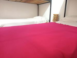 a bedroom with a pink blanket on a bed at Hostal Cafe San Bernabe in Bogotá