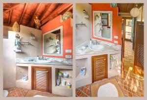 two pictures of a bathroom with a sink and mirror at Finca Cebollino in La Orotava