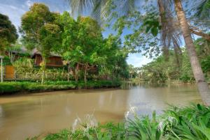 une rivière avec des arbres et une maison en arrière-plan dans l'établissement Sepilok Nature Lodge - Formerly known as Sepilok Nature Resort, à Sandakan