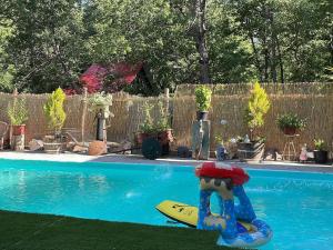 a pool with a surfboard in the middle of it at Cabañas y condominio los pretiles in Pinto