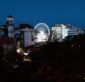 a ferris wheel in a city at night at Apartmán priamo v centre mesta Levice in Levice
