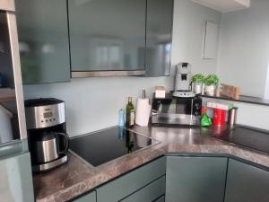 a kitchen with stainless steel counters and appliances at Penthouse VI in Koksijde