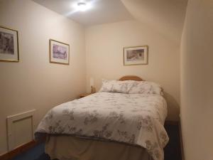 een slaapkamer met een bed en twee foto's aan de muur bij Taigh Mairi Grimsay in Carinish