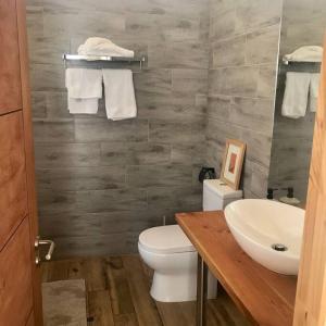 a bathroom with a white toilet and a sink at Espectacular Loft en Zapallar in Zapallar