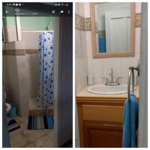 two pictures of a bathroom with a sink and a mirror at Comfort Haven in Roseau