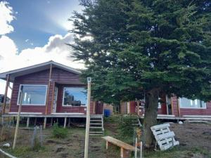 uma casa de madeira com uma árvore e um banco em Cabañas Altos de Leñadura em Punta Arenas