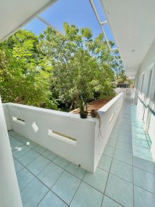 een balkon met uitzicht op bomen en planten bij Single Fin Suites & Rooms La punta zicatela in Brisas de Zicatela