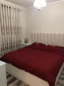 a bedroom with a red bed and a radiator at Luxury appartment Citty center in Fier