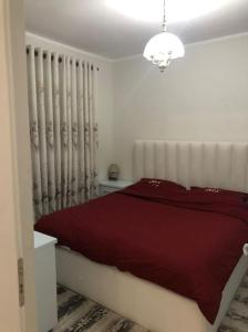 a bedroom with a red bed and a radiator at Luxury appartment Citty center in Fier