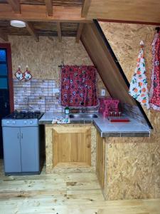 una pequeña cocina con fogones y un árbol de Navidad en Chalet Villa Ines un paraiso en las montañas en Duitama