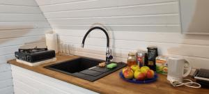 a kitchen counter with a sink and fruit on it at Ku:Kärg in Põldeotsa