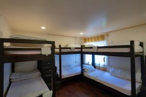 a room with three bunk beds in a room at Gypsy Hostel & Backpackers in Pokhara
