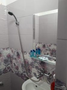 uma casa de banho com um chuveiro, um lavatório e um espelho. em Апартамент Ели em Veliko Tarnovo