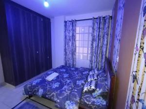 a bedroom with a bed with blue sheets and a window at Peace homes in Nairobi