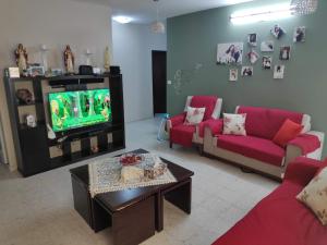 a living room with pink couches and a tv at Fully Furnished Apartment in Bethlehem Center in Bethlehem