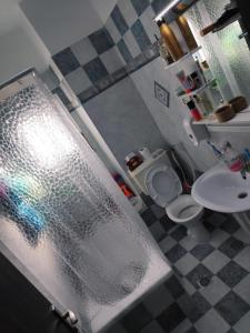 a bathroom with a shower with a toilet and a sink at Fully Furnished Apartment in Bethlehem Center in Bethlehem