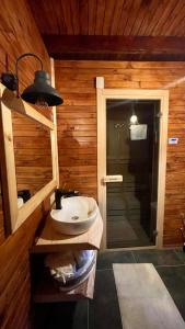 a bathroom with a sink and a shower at Panurlawoodenhouse özel havuz& sauna mavi in Urla