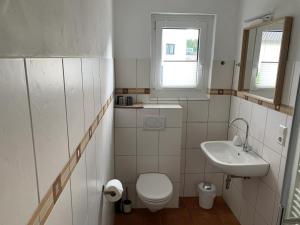 a small bathroom with a toilet and a sink at Ferienwohnung Bergstraße in Winterberg
