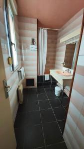 La salle de bains est pourvue d'un lavabo et d'un miroir. dans l'établissement Hôtel 1er Consul Rouen, à Rouen