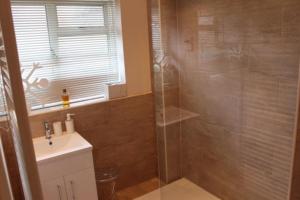 bagno con doccia in vetro e lavandino di Apartment with own entrance & terrace on West Hill a Hastings