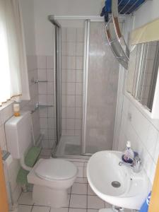 un bagno con doccia, WC e lavandino di Ostsee Bungalow mit Kamin & Terrasse a Ostseebad Koserow