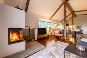 ein Wohnzimmer mit einem Kamin und einem Sofa in der Unterkunft der Sonnberg - Alpinlodges in Zell am See