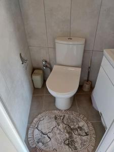 La salle de bains est pourvue de toilettes, d'une douche et d'un tapis. dans l'établissement in the village, with a garden, one floor, detached, à Silivri