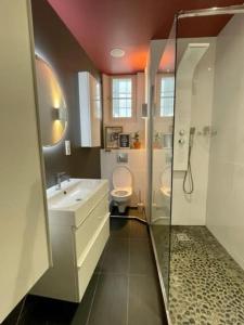 a bathroom with a toilet and a sink and a shower at Appart Cosy 55m2 avec Balcon proche Gare 2P in Metz