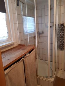 a bathroom with a shower and a shower curtain at Haus herhönspatziert in Willmars