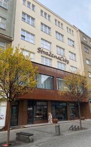 a building with a dog standing in front of it at Hotel Stračena City in Ostrava